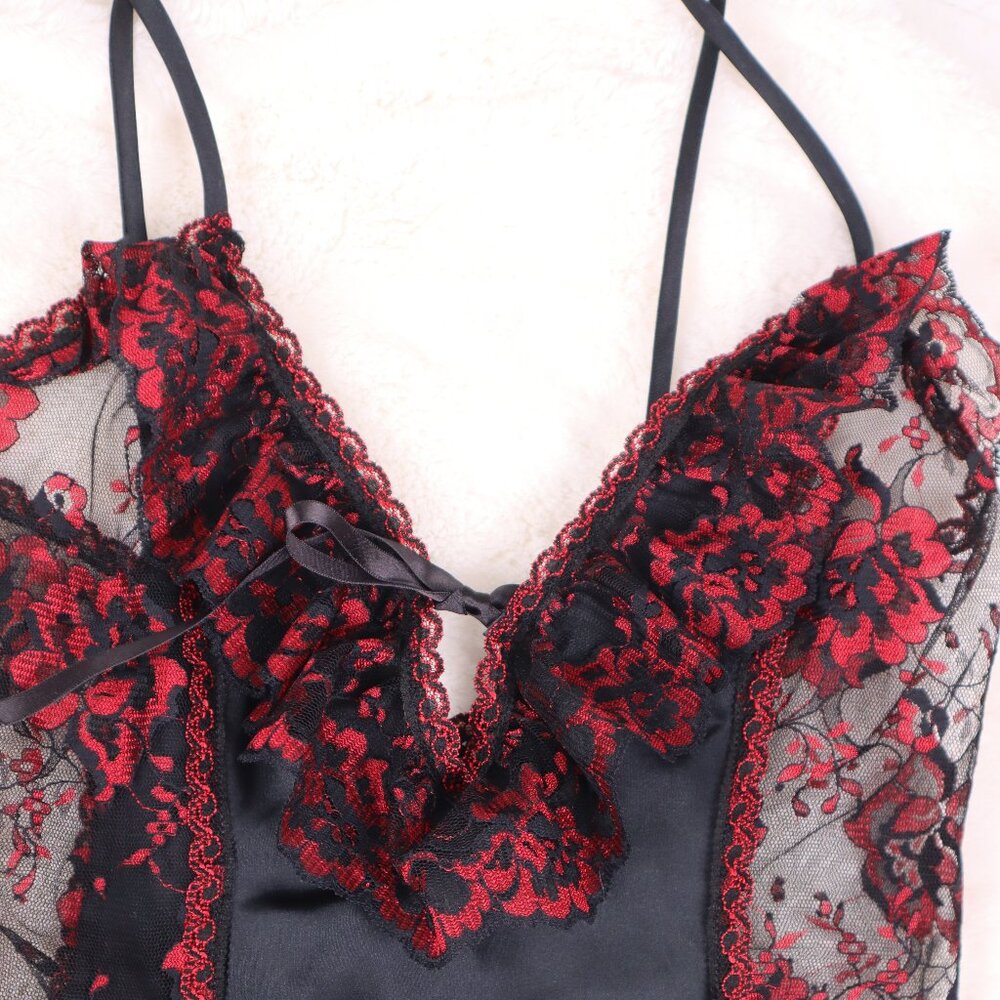 ❄️ Vintage Shirley Red Black Lace Bodysuit Lingerie Nightgown Babydoll Sexy Sm - Picture 5 of 8